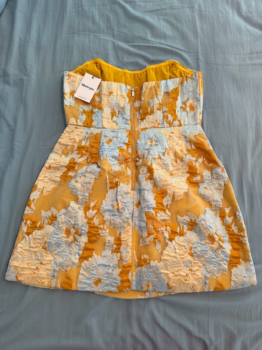 Showpo Strapless Floral Jacquard Mini Dress in Yellow and Light Blue - Picture 5 of 6